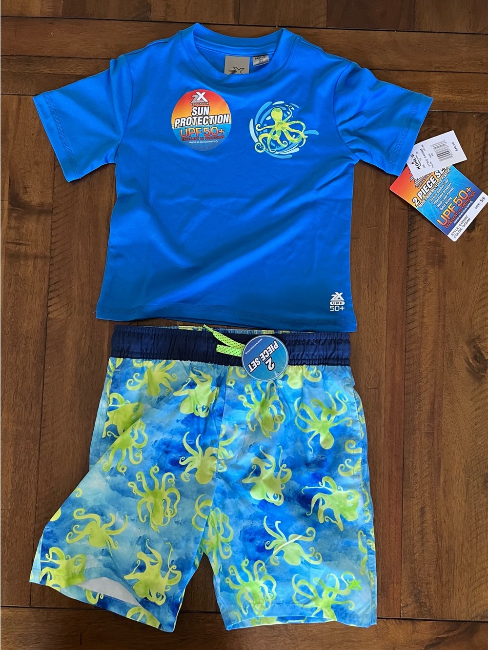 NWT ZeroXposur Blue & Neon Green Kids Octopus Rashguard Swim Set